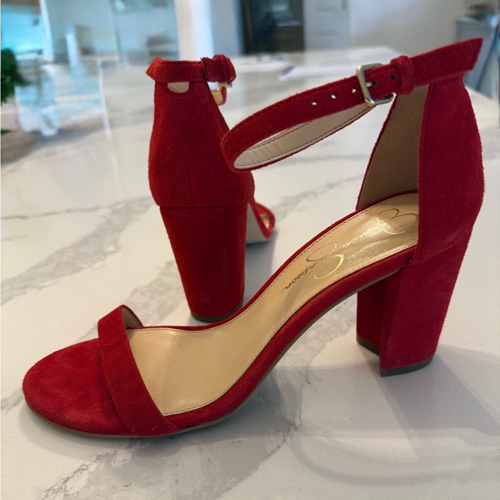 Jessica Simpson Red Suede Block Heel Ankle Strap Sandals 8